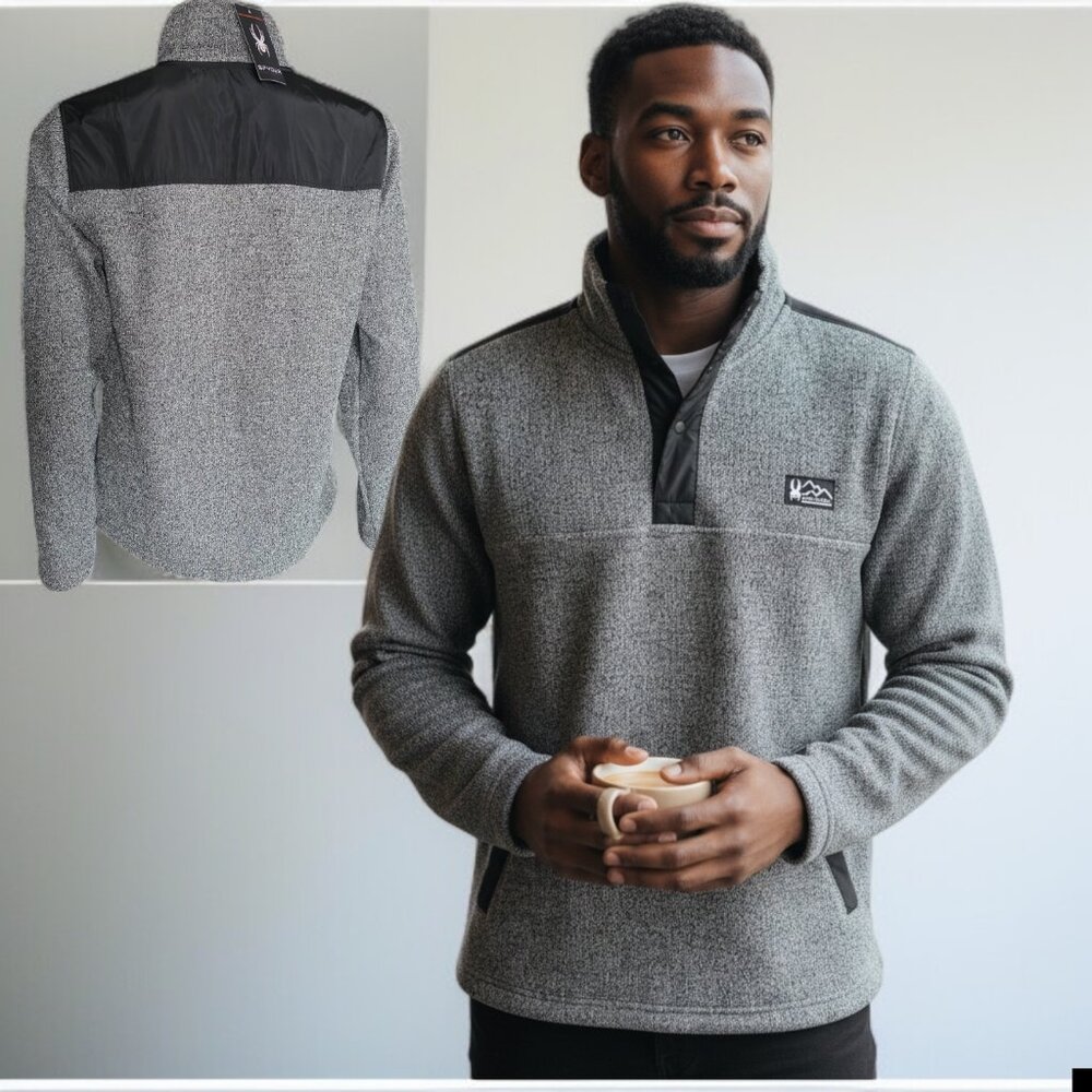 NWT SPYDER (MED) Half Snap Fleece Sweatshirt in Gray and Black